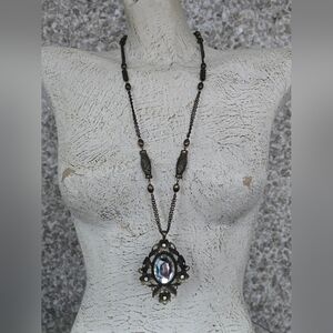 Vintage Long Bronze Necklace with Floral Rhinestone Pendant